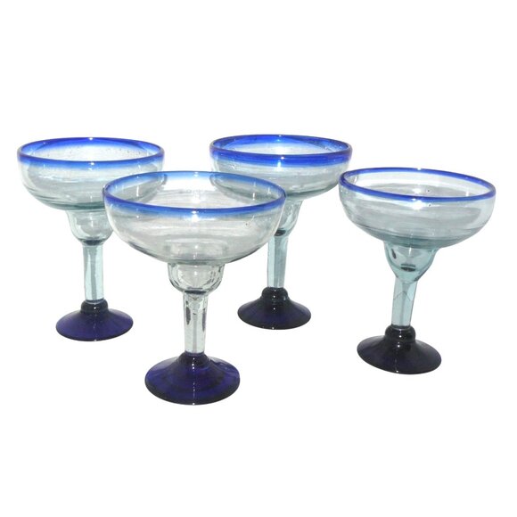 Set of 4 Handblown Mexican Margarita Glasses with Cobalt Blue Rim & Base 6 Oz - Picture 1 of 3